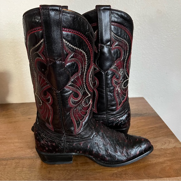 Los Altos Boots Ostrich Black Cherry Pointed Toe Cowboy Boots Size 7 - Picture 8 of 17